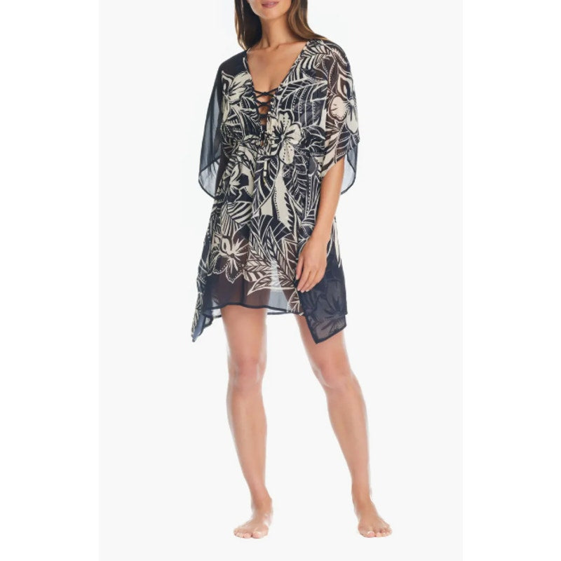 BLEU ROD BEATTIE Womens Ciao Bella Tunic Cover Up Large Black Floral Chiffon NWT