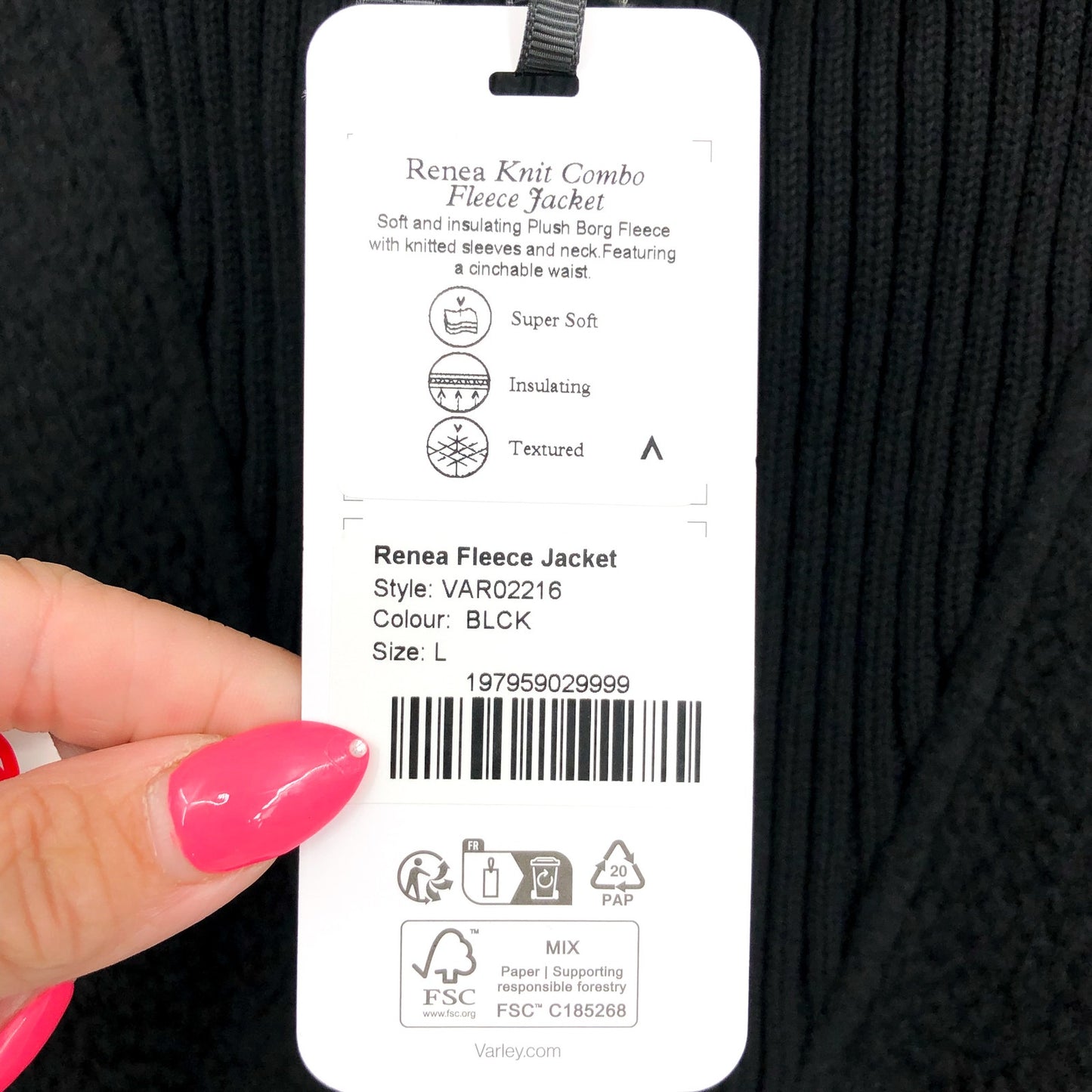 VARLEY Women's Renea High Pile Fleece Jacket Large Black Long Sleeve NWT