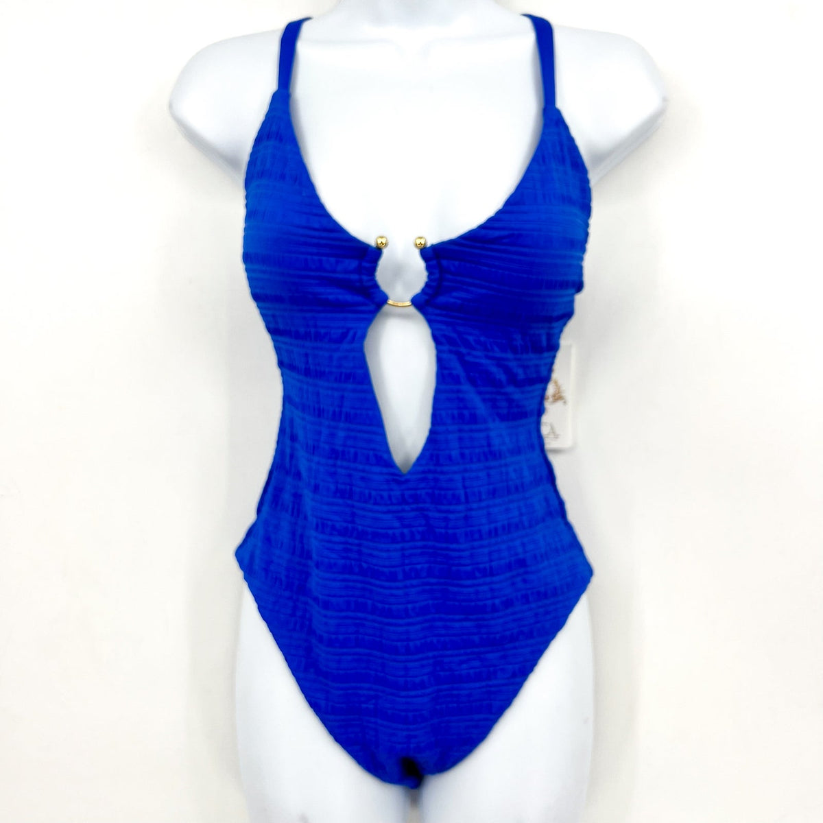 BECCA Coast Ariyah Plunge One Piece Swimsuit Large Ultramarine Blue Ribbed NWT