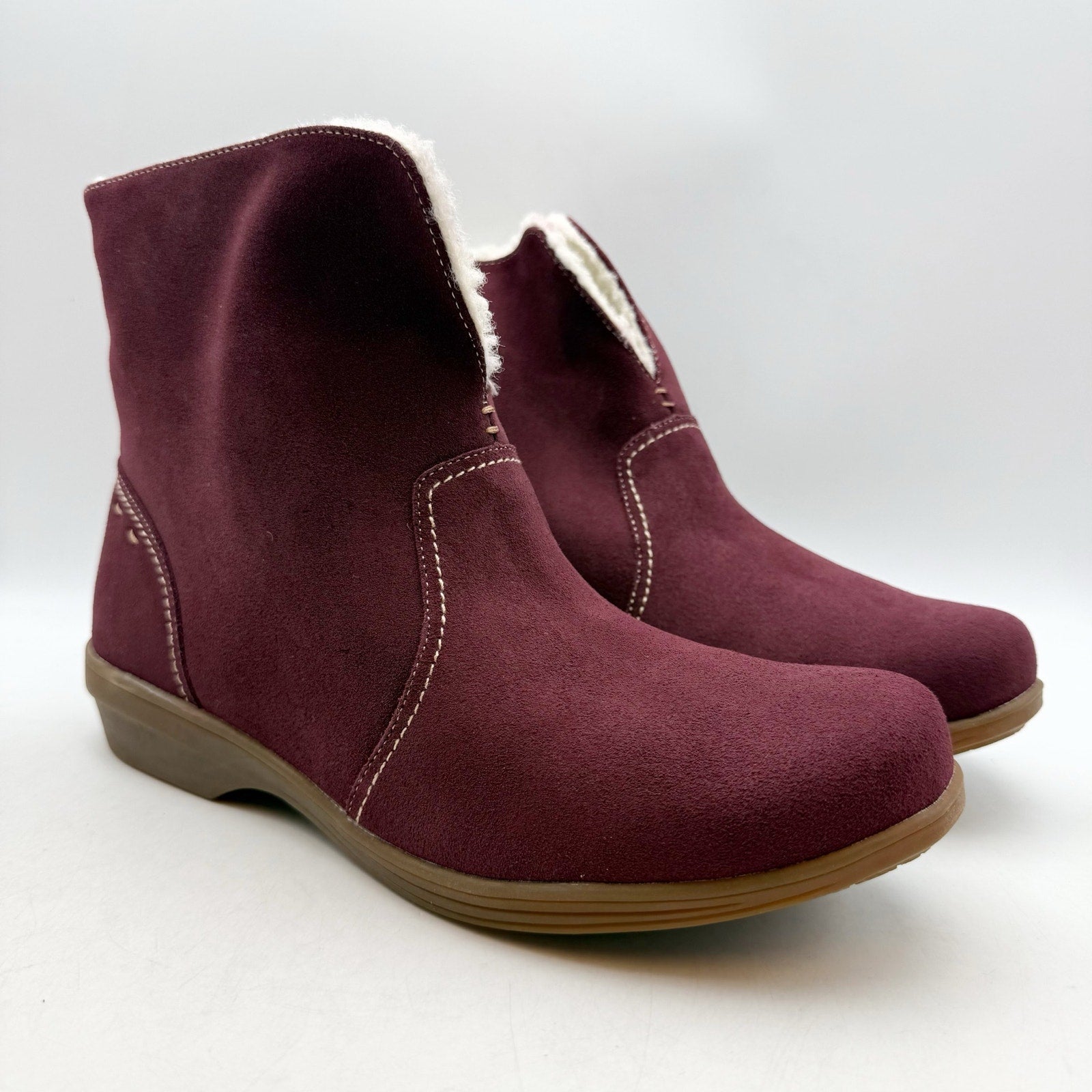 Spenco Womens Sun Valley Ankle Boots US 6.5 Red Burgundy Suede Sherpa Lined NIB