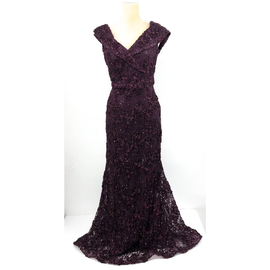 XSCAPE Jill Embroidered Lace Gown Size 12 Purple Off The Shoulder 4618X NWT