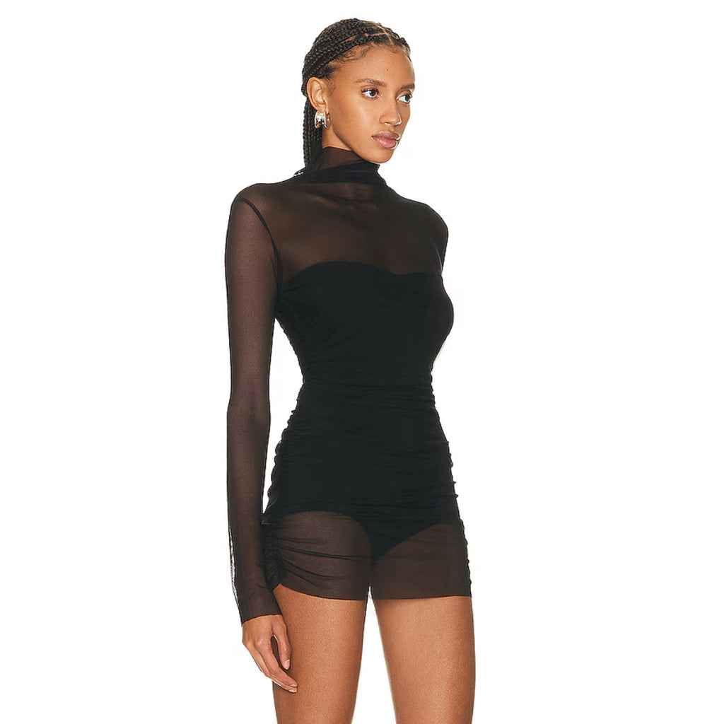 NORMA KAMALI Turtleneck Pickleball Dress Medium FR 38 Black Mesh Long Sleeve NWT