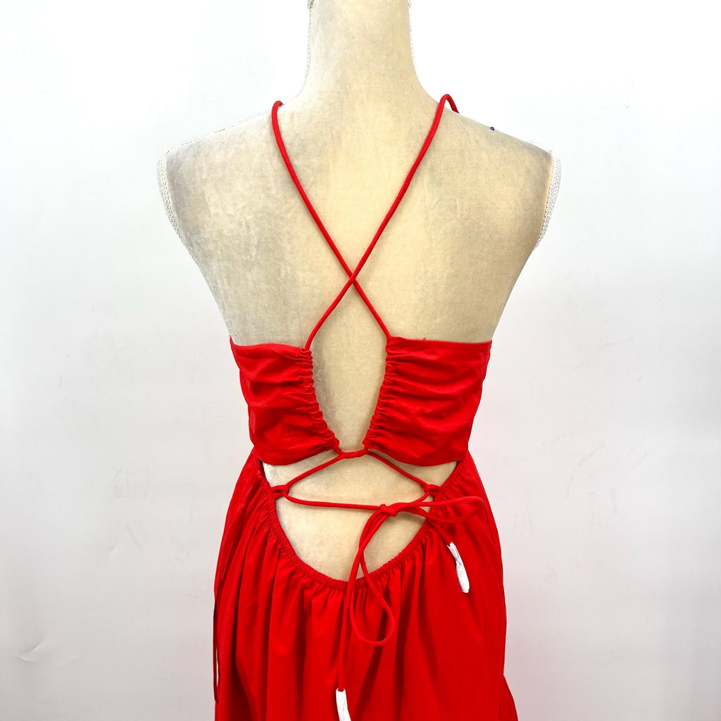 L*SPACE Women's Laina Tiered Maxi Dress Medium Red Criss-Cross Back NWT