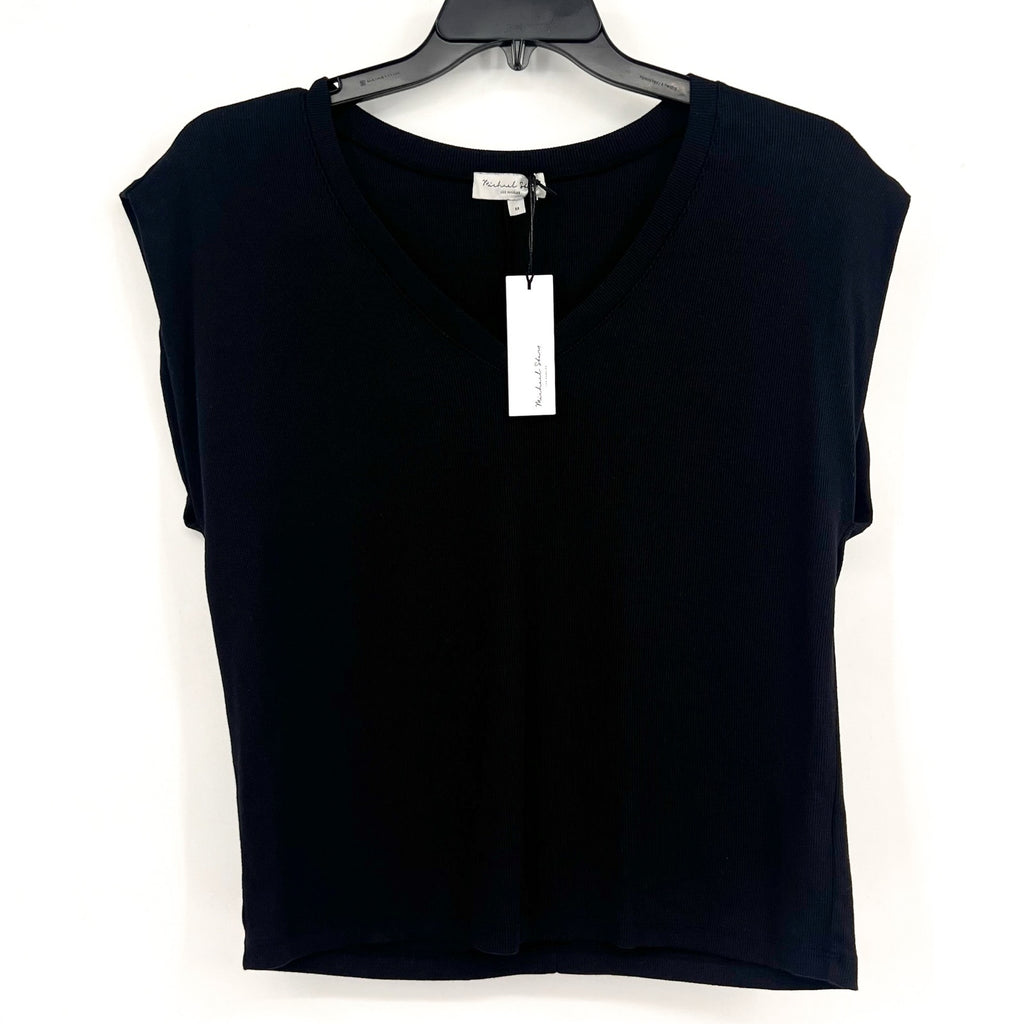MICHAEL STARS Women's Tati V-Neck Power Shoulder Top Medium Black NWT