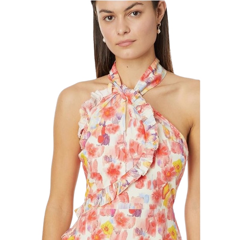 EN SAISON Women's Giada Midi Dress Small Pink Coral Floral Print Halter NWOT