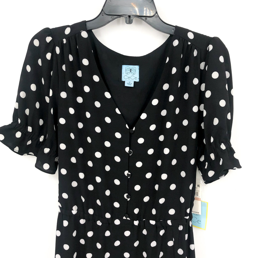 CECE Womens Polka Dot Midi Dress Size 12 Black White Tie Waist Button Front NWT