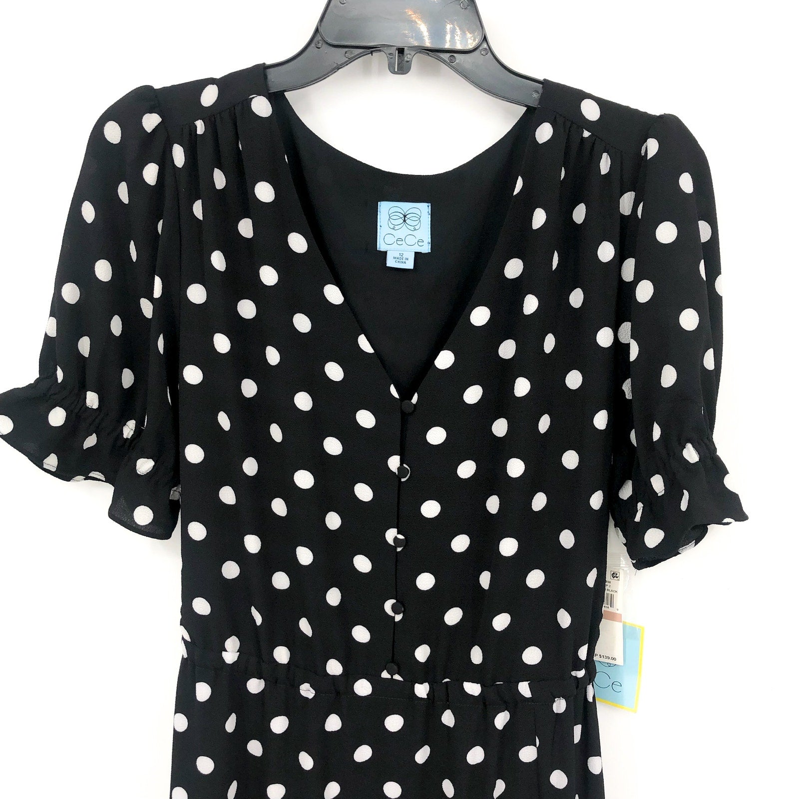 CECE Womens Polka Dot Midi Dress 12 Black White Tie Waist Button Front NWT