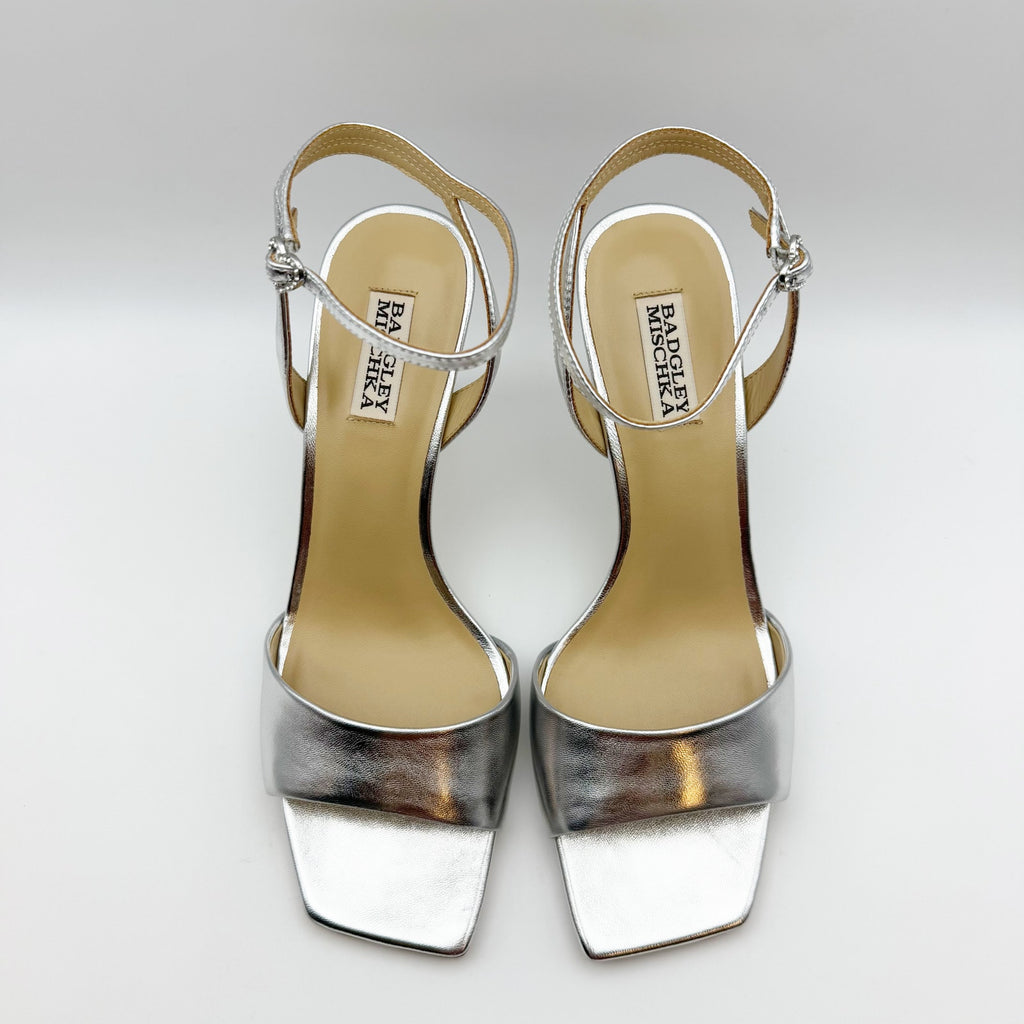Badgley Mischka Women's Cady Sandals 9.5 Silver Leather Square Toe High Heel NIB