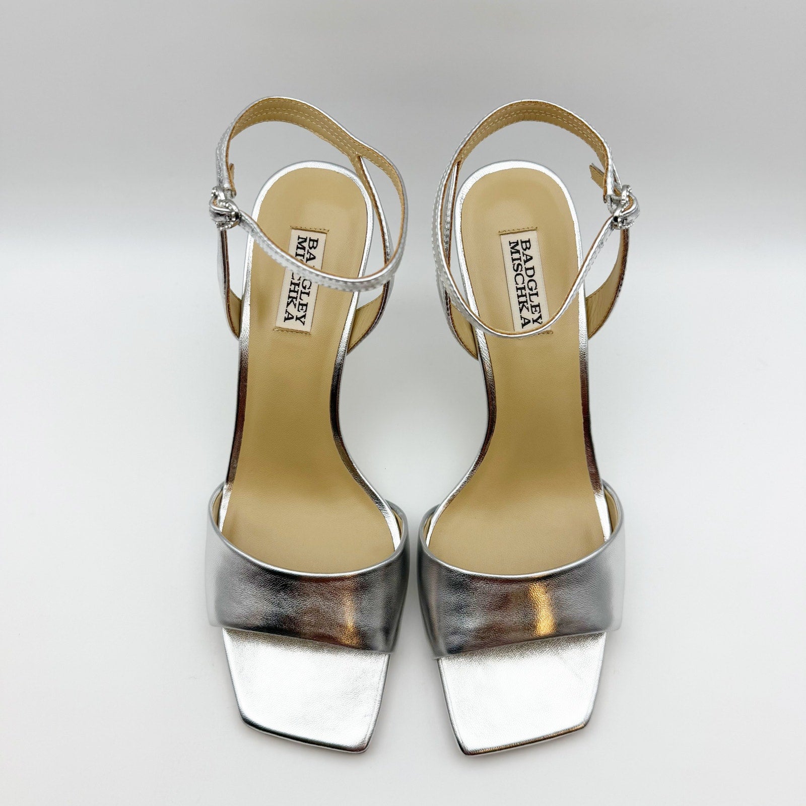 Badgley Mischka Women's Cady Sandals 9.5 Silver Leather Square Toe High Heel NIB