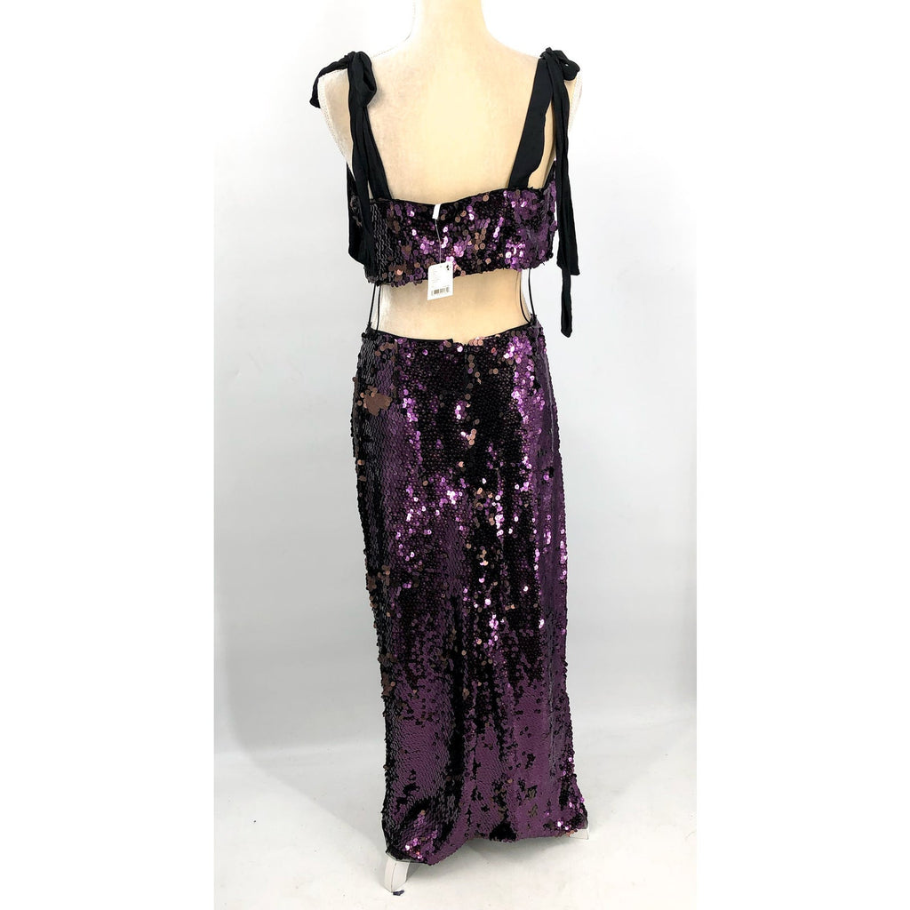 FREE PEOPLE Star Bright Sequin Set Size 10 Purple Maxi Skirt Crop Top NWT