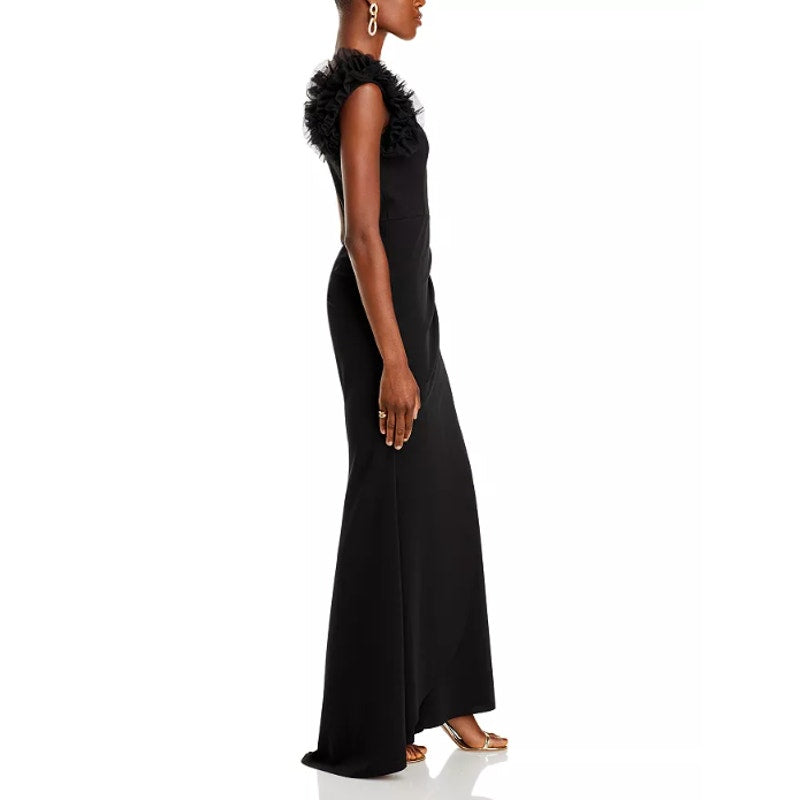 AQUA FORMAL Women's Long Scuba Crepe Dress Size 10 Black Ruffle Shoulder NWT
