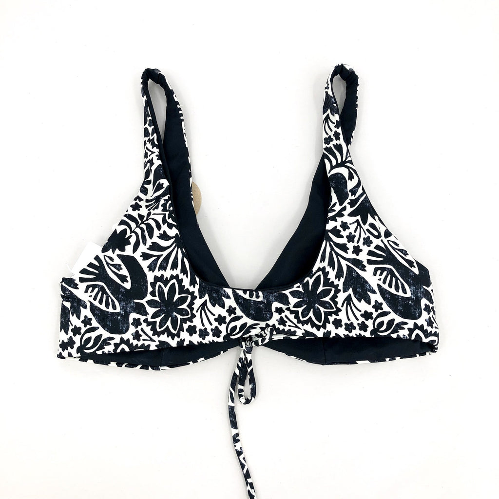 PRANA Women's Ruby Beach Bikini Top Small Black Flora Fauna Lace Up Swim NWT