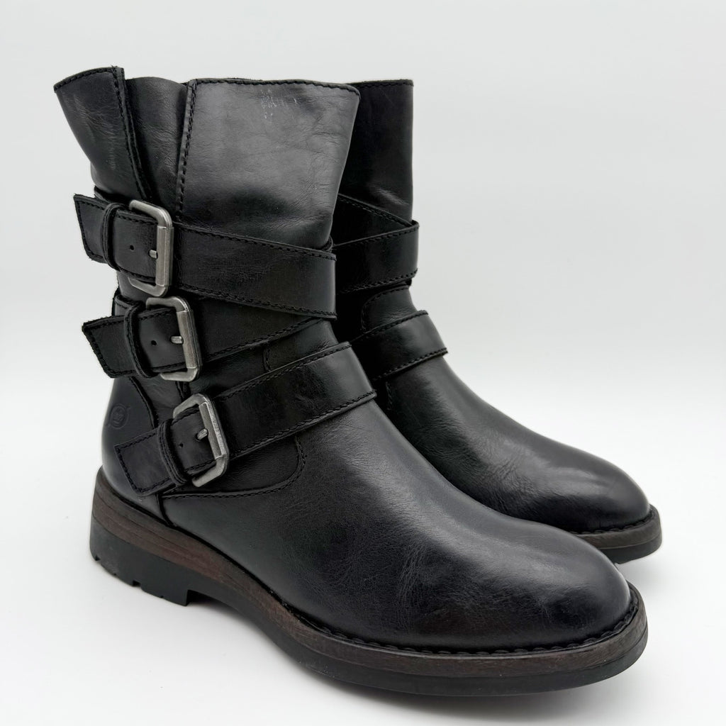 Born Womens Mayne Mid Calf Boots US 6 M EU 36.5 Black Leather Combat Buckle NIB