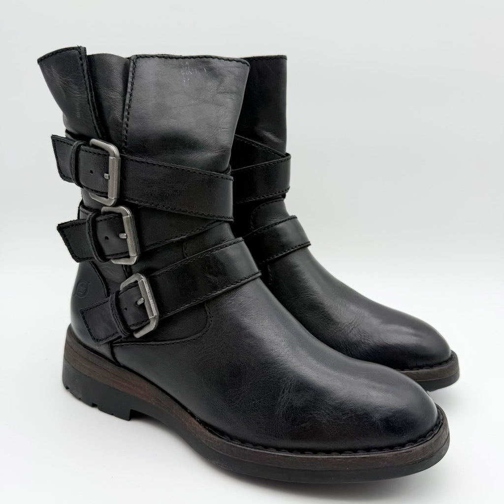 Born Womens Mayne Mid Calf Boots US 6 M EU 36.5 Black Leather Combat Buckle NIB