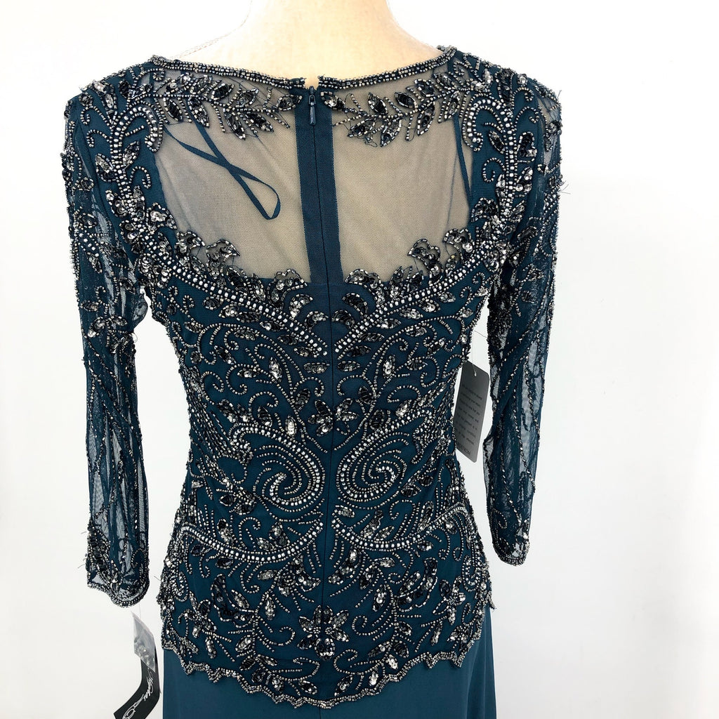 PISARRO NIGHTS Beaded Mesh Gown Size 4 Blue Rich Sapphire Mock Two-Piece NWT