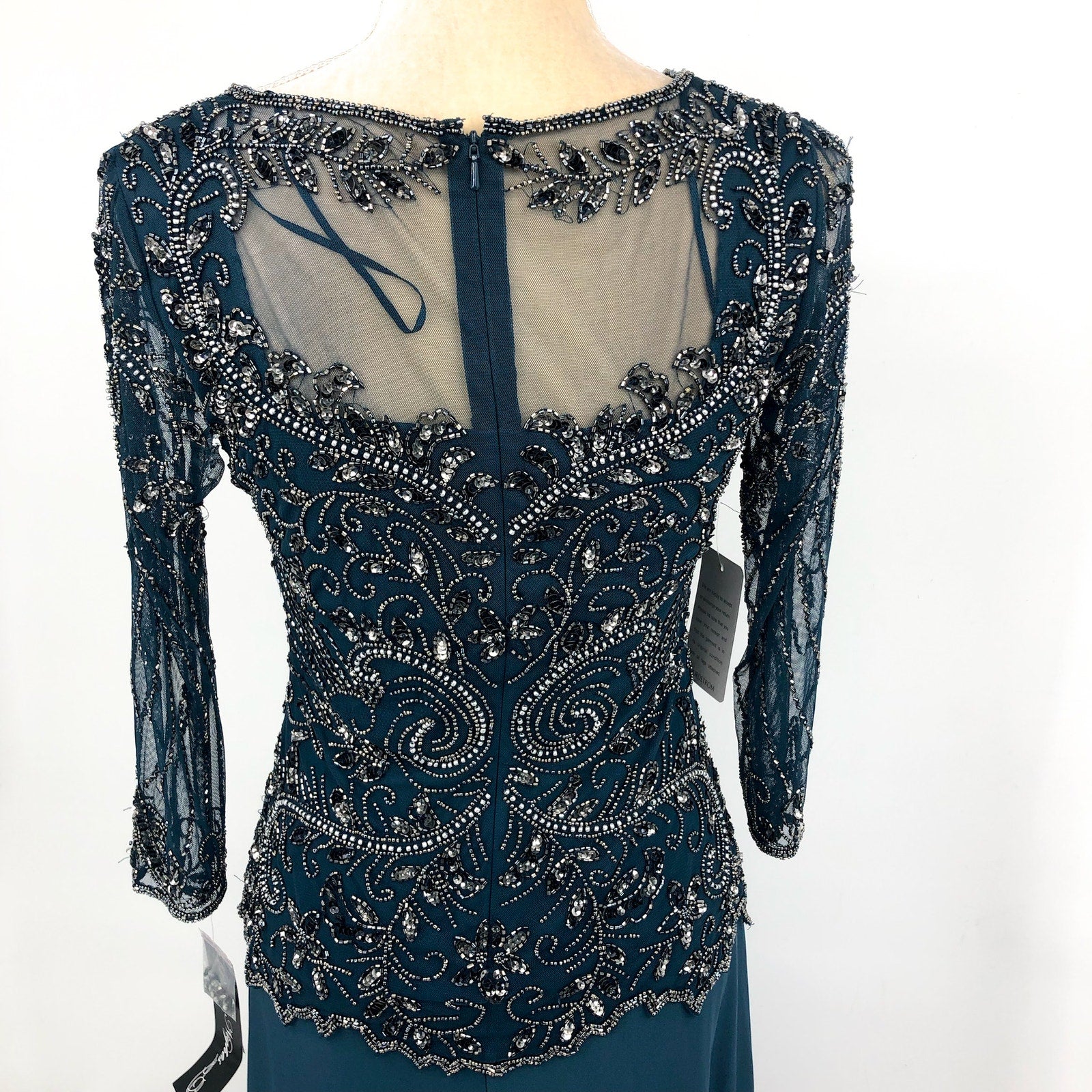 PISARRO NIGHTS Beaded Mesh Gown Size 4 Blue Rich Sapphire Mock Two-Piece NWT