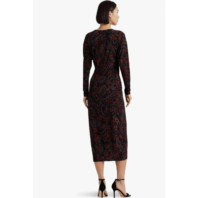 LAUREN RALPH LAUREN Twist-Front Jersey Dress Size 12 Red Checked Paisley NWT