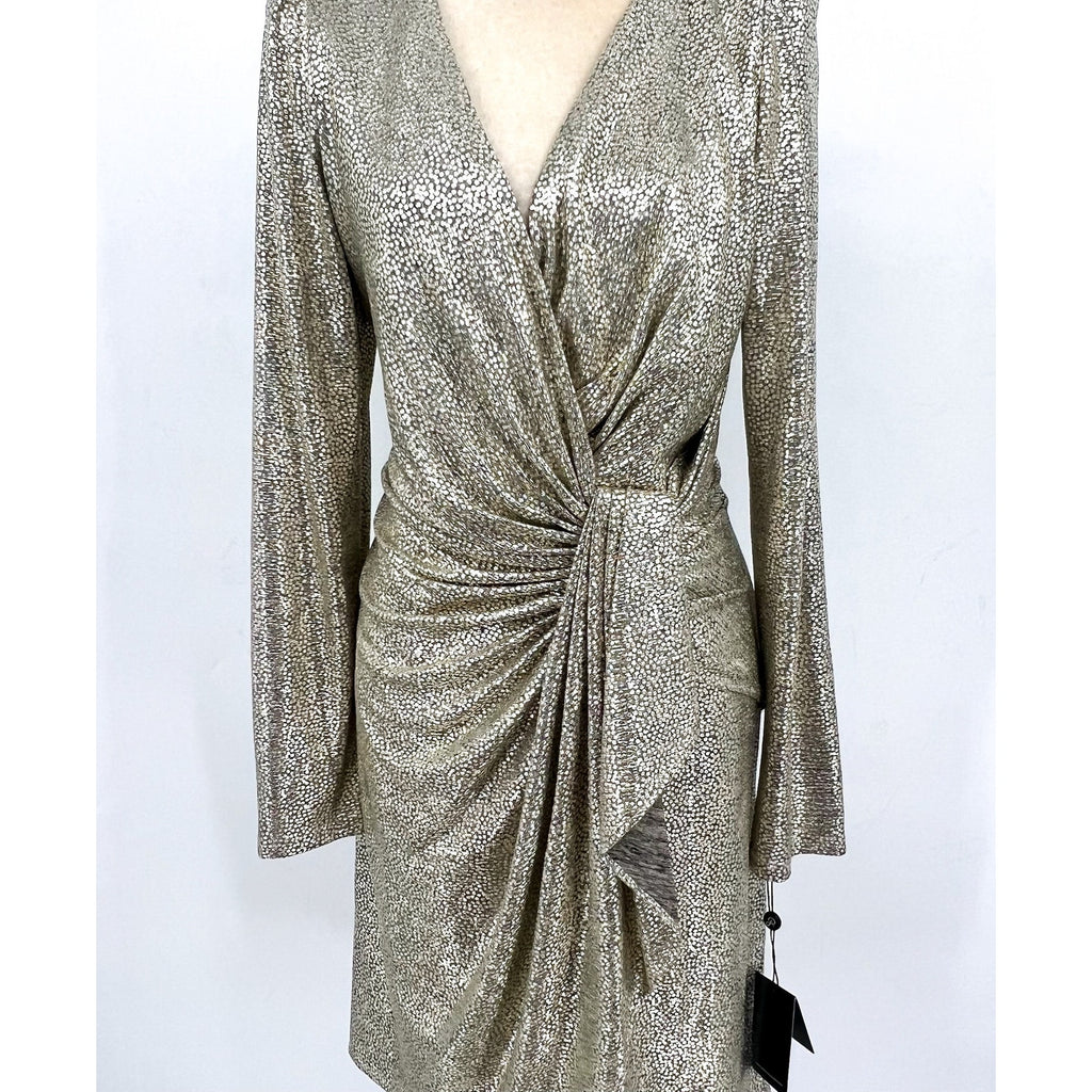 ADRIANNA PAPELL Metallic Foil Faux Wrap Dress Size 16 Light Gold Cocktail NWT