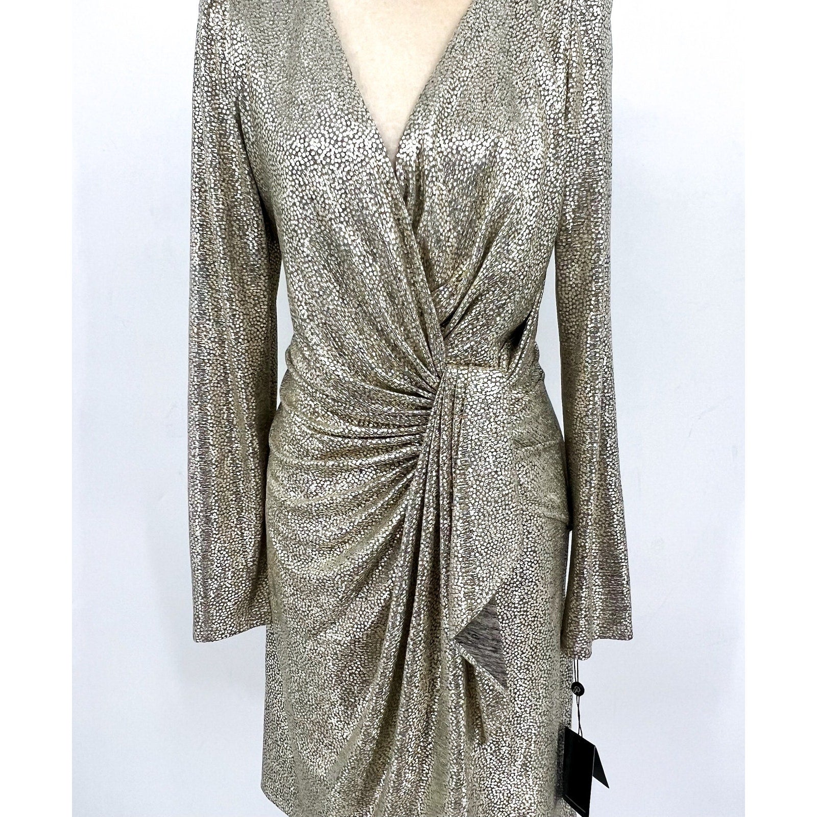 ADRIANNA PAPELL Metallic Foil Faux Wrap Dress Size 16 Light Gold Cocktail NWT