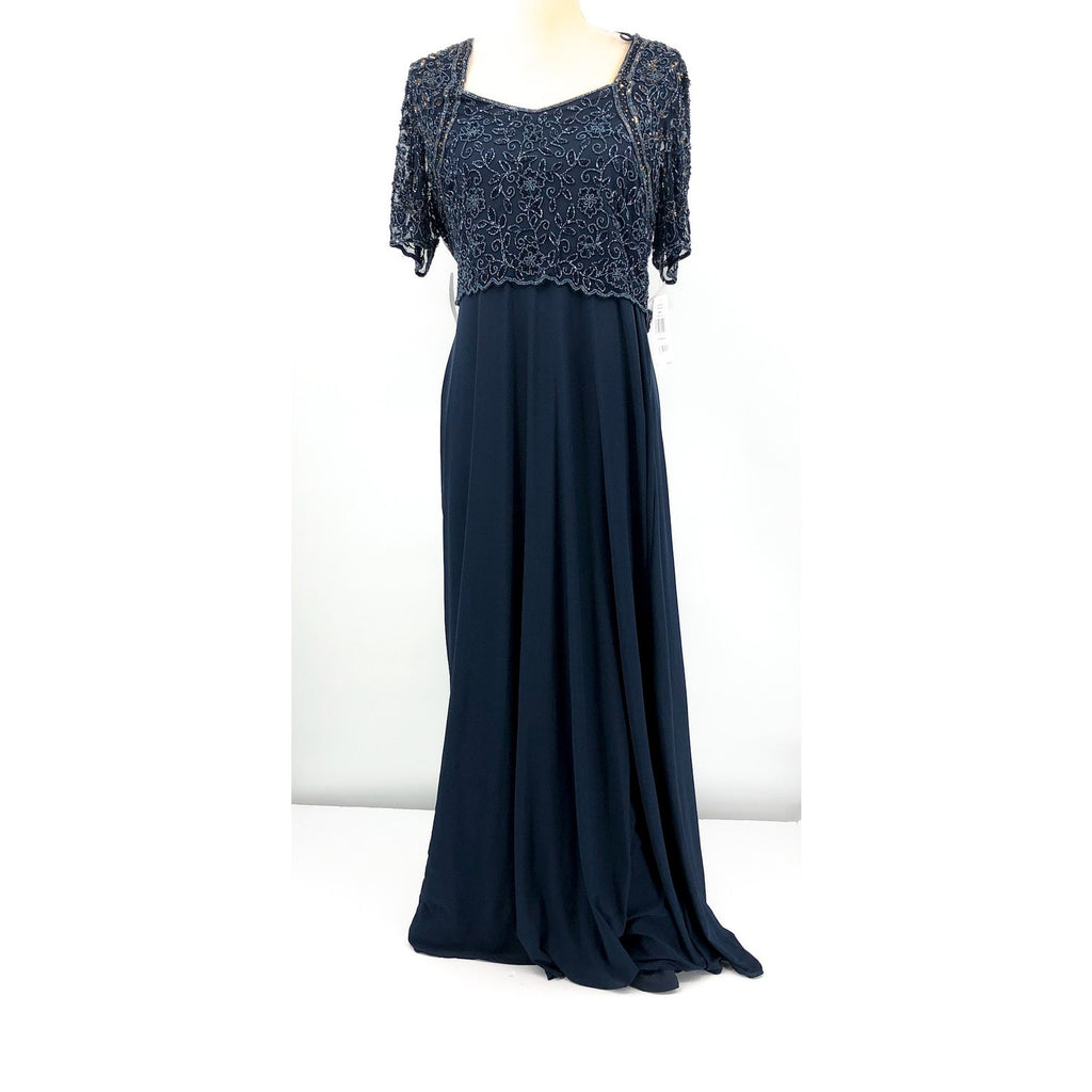 PISARRO NIGHTS Beaded Bodice A-Line Gown Size 12 Navy Blue Short Sleeve NWT