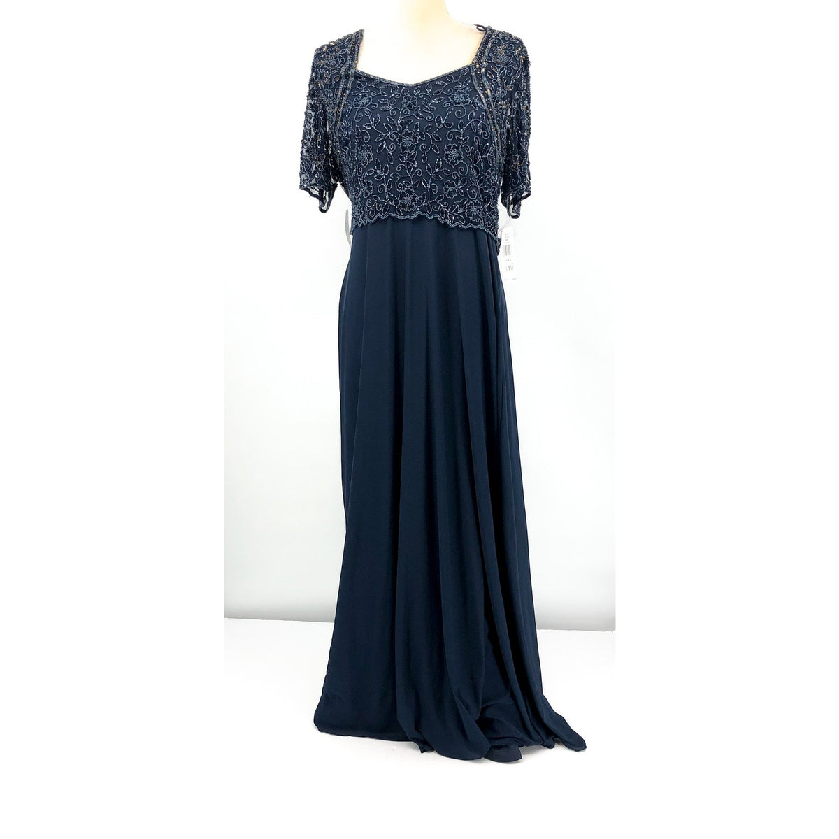 PISARRO NIGHTS Beaded Bodice A-Line Gown Size 12 Navy Blue Short Sleeve NWT