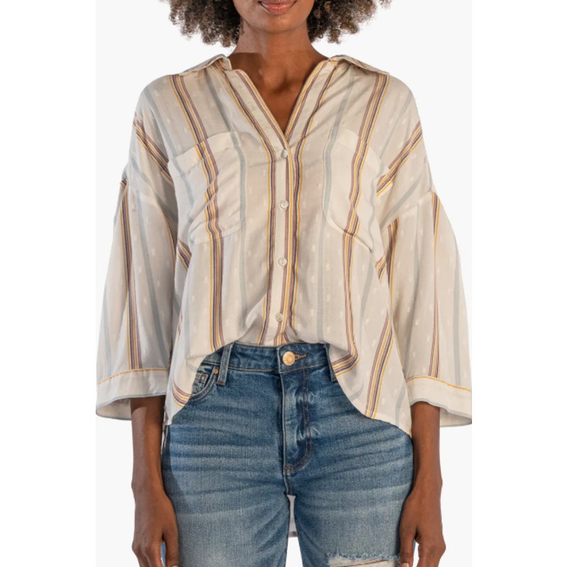 KUT FROM THE KLOTH Zuma Stripe Shirt Small Ivory Gold Rose Buttons NWOT