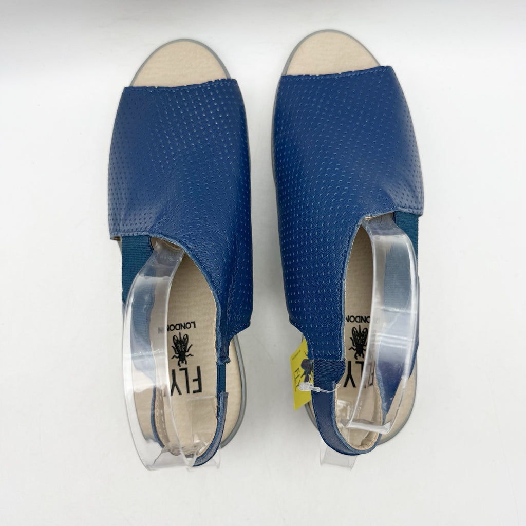 Fly London Womens Nisi Wedge Sandals EU 38 US 7.5-8 Blue Leather NWT