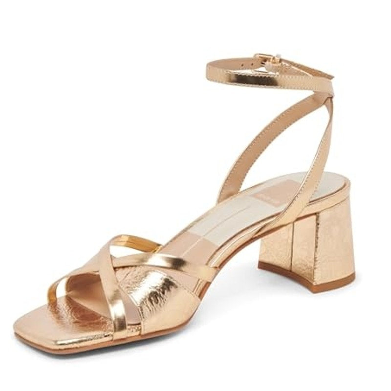 Dolce Vita Womens Blakly Heel Sandal US 8.5 Gold Distressed Leather NIB