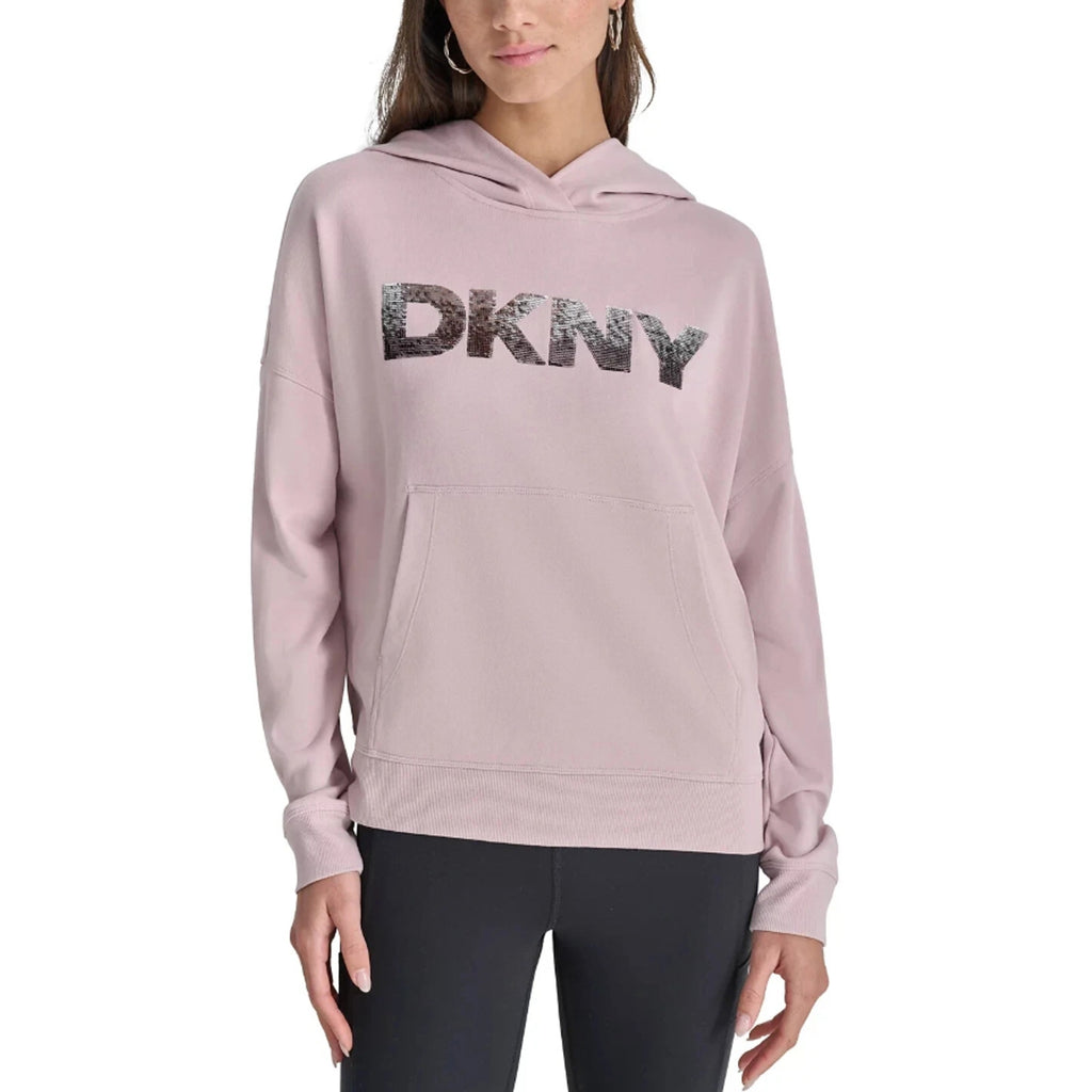 DKNY Women's Sequin Hoodie Large Pink Allure Pullover Sweatshirt NWT