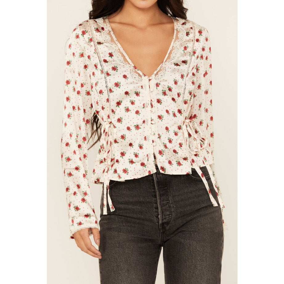 FREE PEOPLE Women's Field of Roses Top Medium Cream Red Long Sleeve NWOT