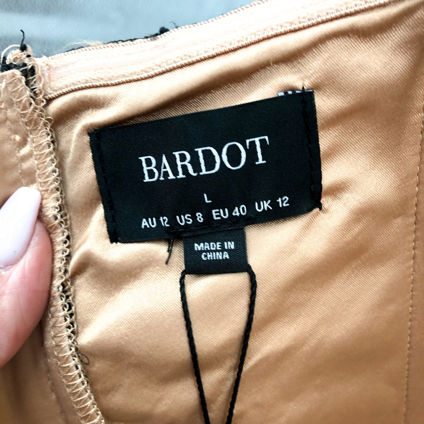 BARDOT Women's Zendaya Mini Lace Dress Large Black Nude Off Shoulder NWT