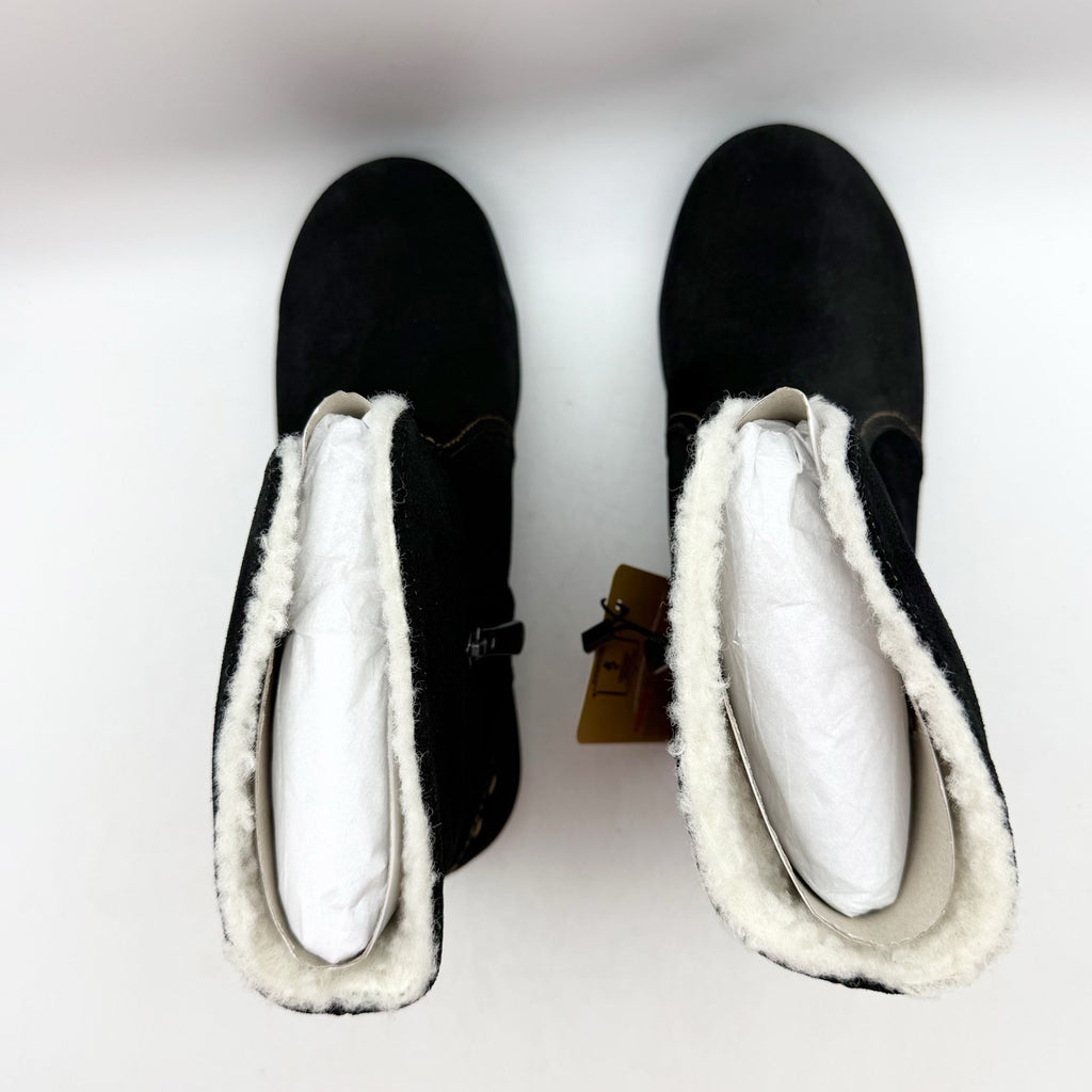 Spenco Womens Sun Valley Ankle Boots US 5.5 Wide Black Suede Sherpa Lined NIB