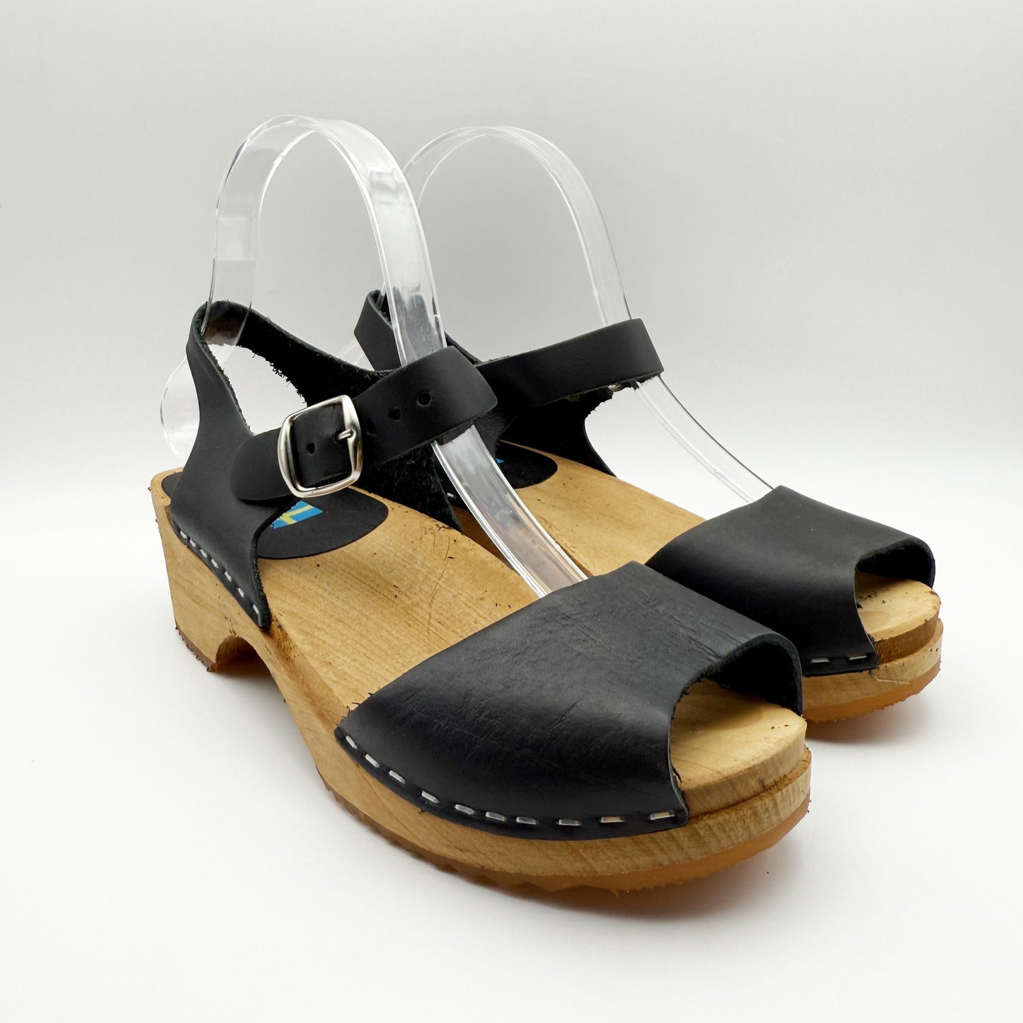 MIA Womens ANJA Clogs EU 37 US 6.5 Black Leather Wooden Heel Peep Toe NIB