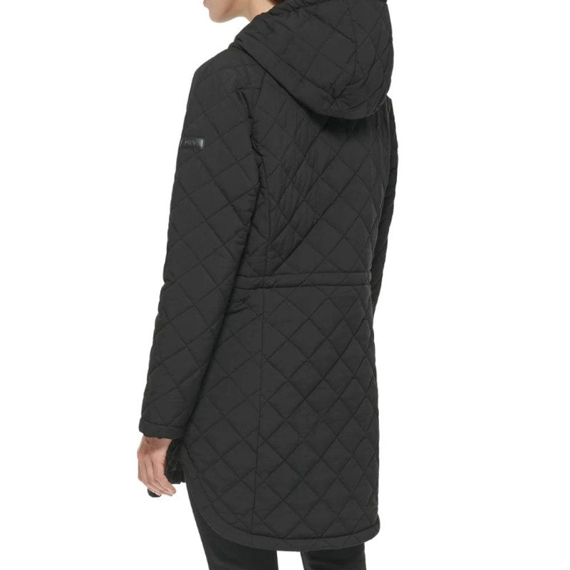 DKNY Womens Diamond Quilted Jacket XS Black Hooded Mid-Length NWT