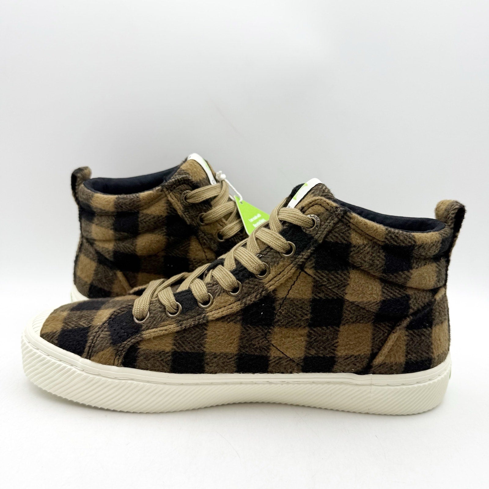 Cariuma Womens OCA High Top Sneakers US 8.5 Brown Black Plaid Organic Cotton NIB
