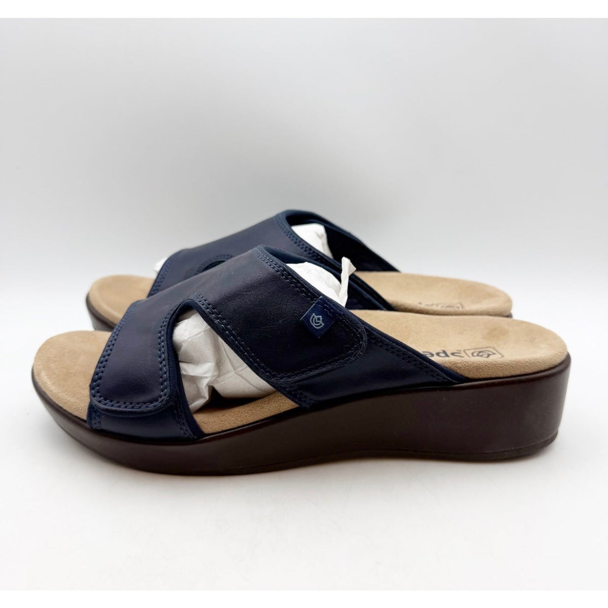 Spenco Women's Karla Wedge Sandals Size 10 Wide Blue Peacoat Navy Brown NIB