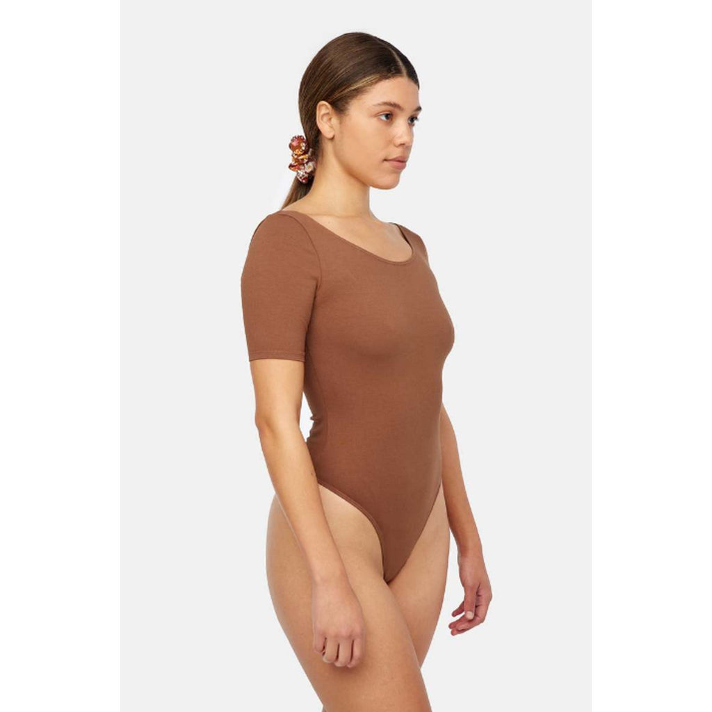 LACAUSA ANTHROPOLOGIE Womens Dawn Bodysuit Large Mocha Brown Short Sleeve NWT