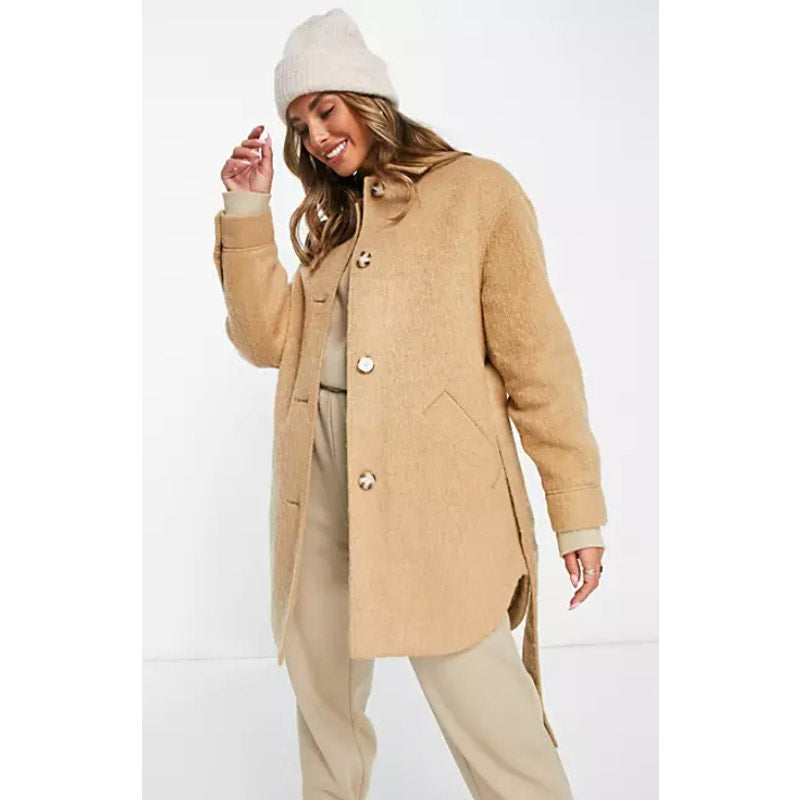 TOPSHOP Women's Brushed Shacket Size 2 Tan Camel Belted Long Sleeve NWT