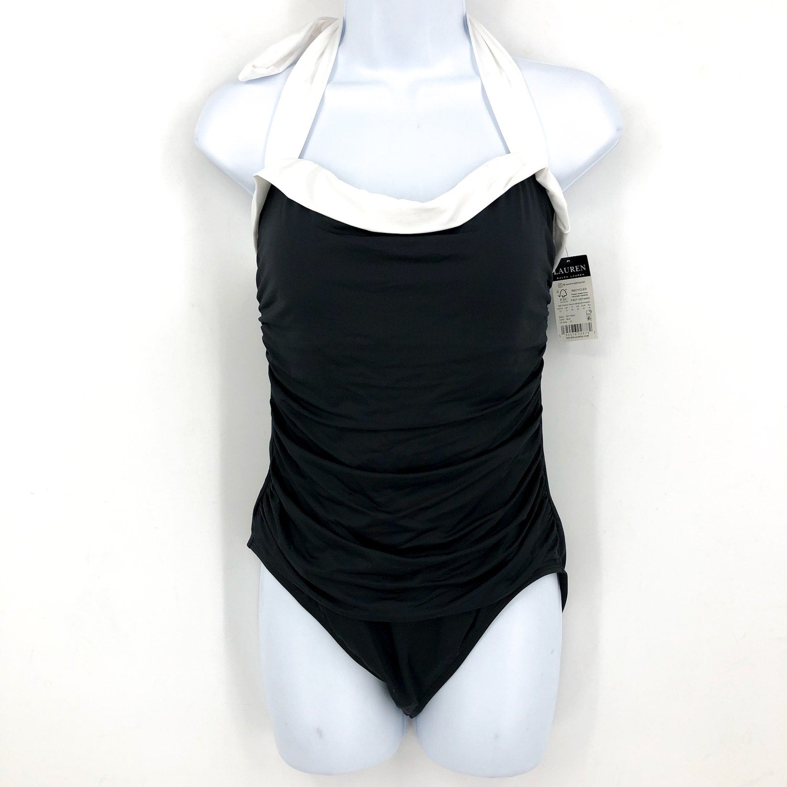 LAUREN RALPH LAUREN Bel Air Bandeau One-Piece Swimsuit Size 12 Black White NWT