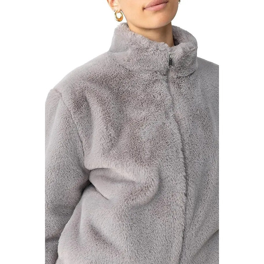 Sanctuary Womens Lux Faux Fur Short Coat Large Light Grey NWT