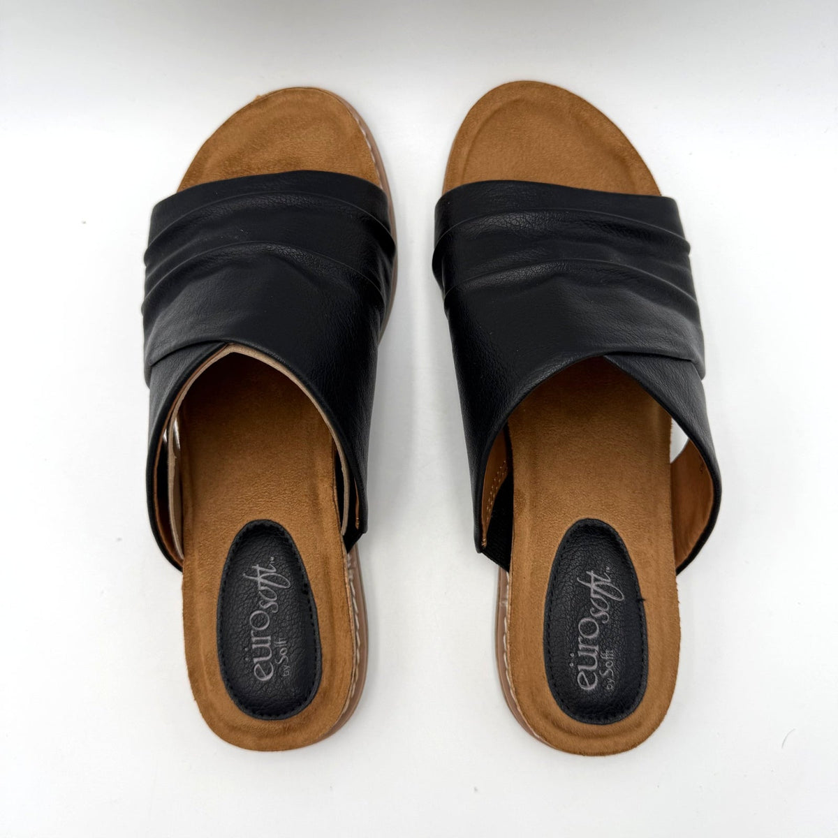 Eurosoft Womens Elesha Slide Sandals Size 8.5 Black Ruched Faux Leather NWOB