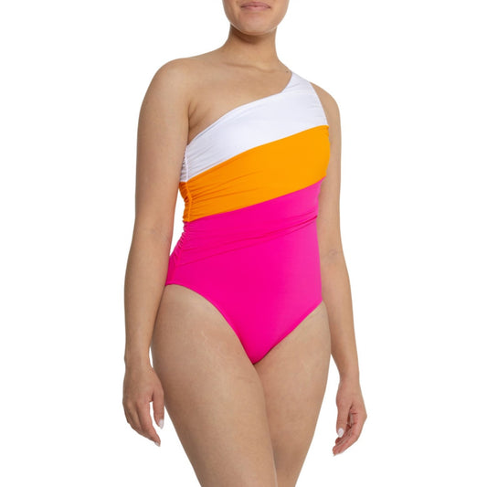 LA BLANCA Island Goddess One-Shoulder One-Piece Size 16 Pink Orange NWT