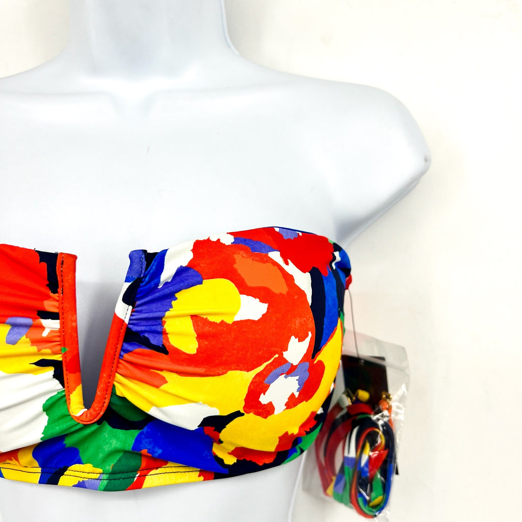 LAUREN RALPH LAUREN Floral V Wire Bandeau Bikini Top SZ 14 Red Blue Abstract NWT