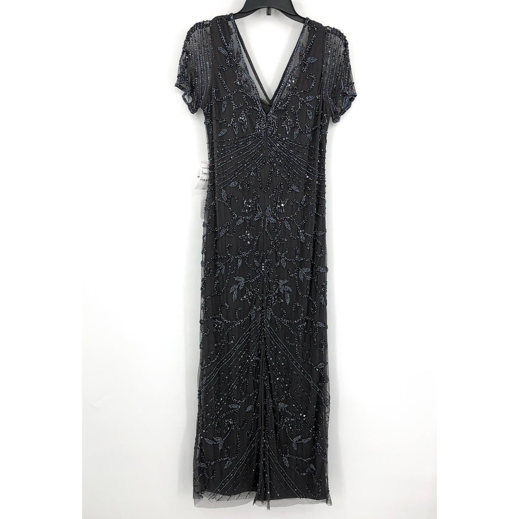 PISARRO NIGHTS Women's Beaded Mesh Column Gown Size 12 Gray Short Sleeve NWT