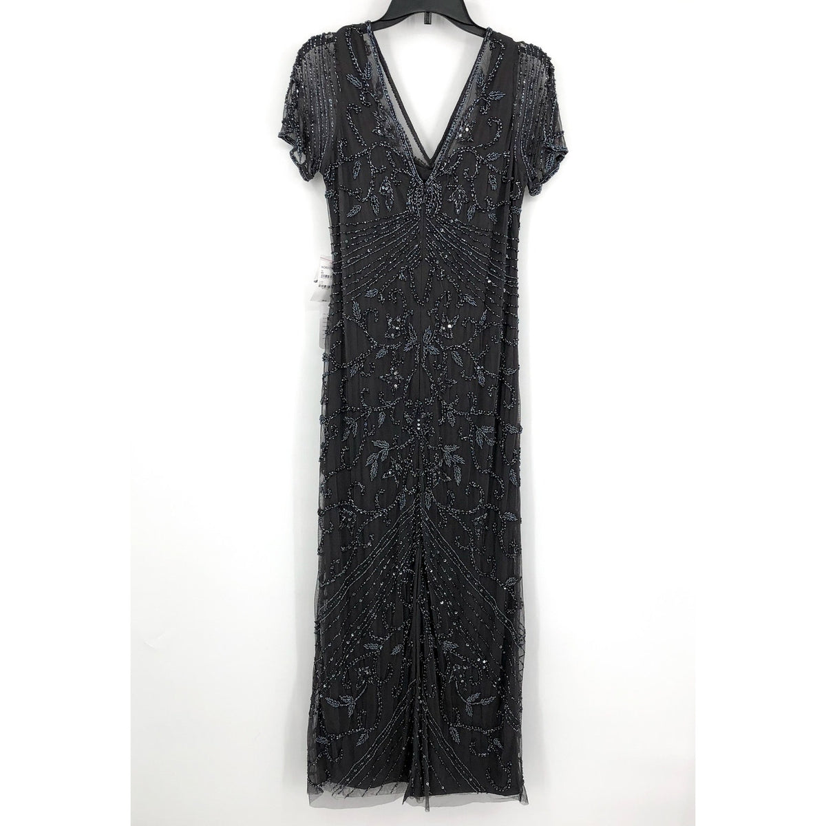 PISARRO NIGHTS Women's Beaded Mesh Column Gown Size 12 Gray Short Sleeve NWT