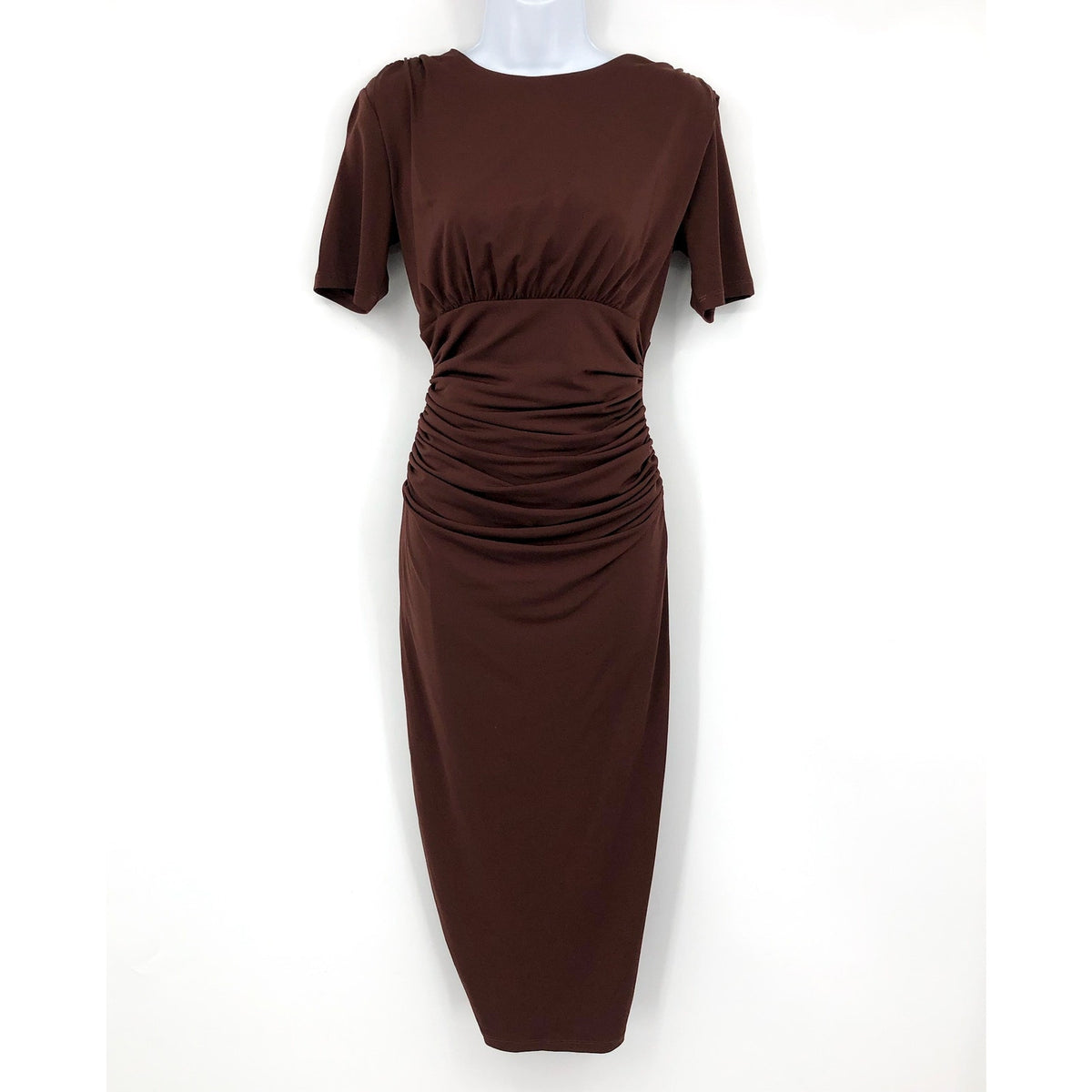 ALEXIA ADMOR Keaton Ruched Sheath Midi Dress Small Brown Short Sleeve NWT