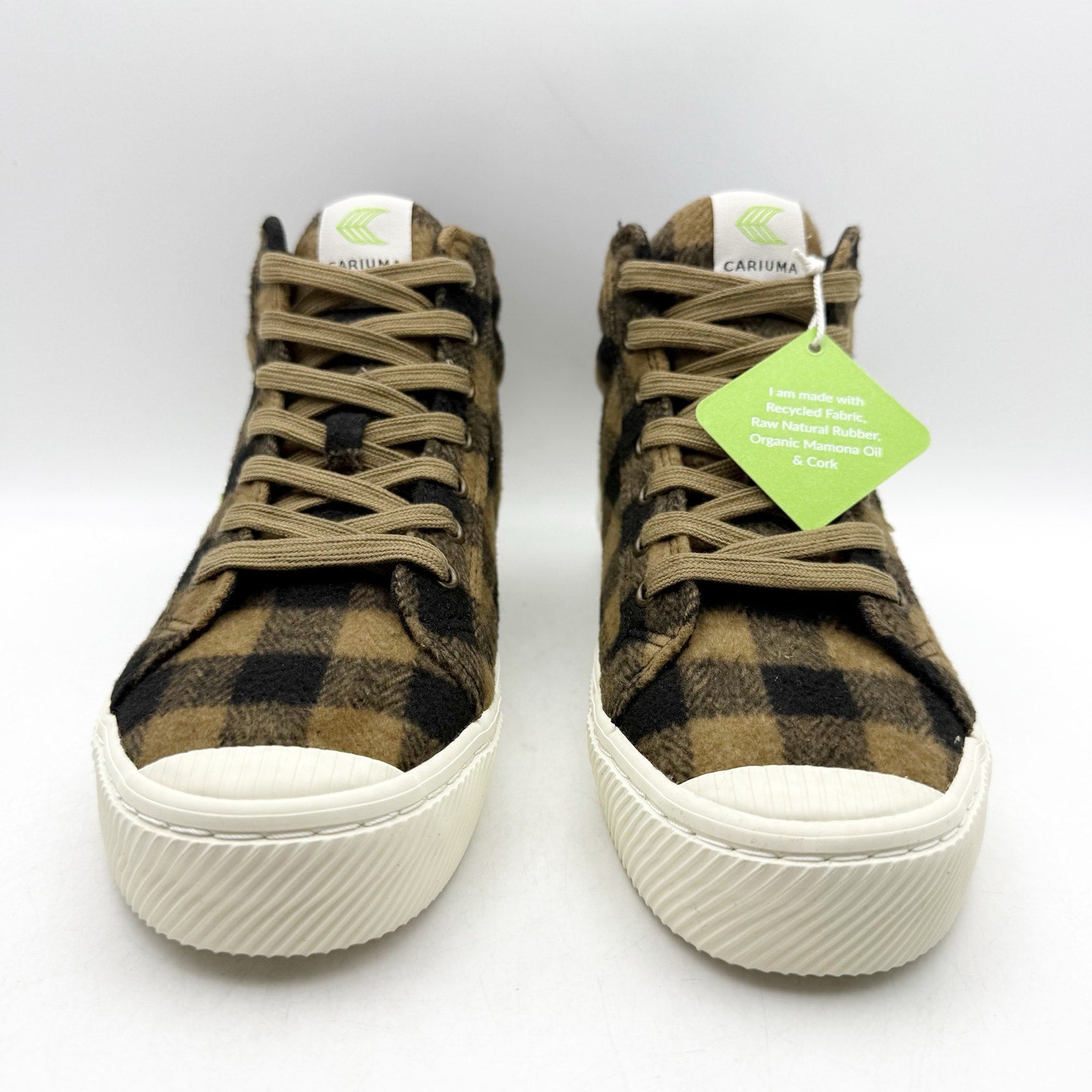 Cariuma Womens OCA High Top Sneakers US 8.5 Brown Black Plaid Organic Cotton NIB