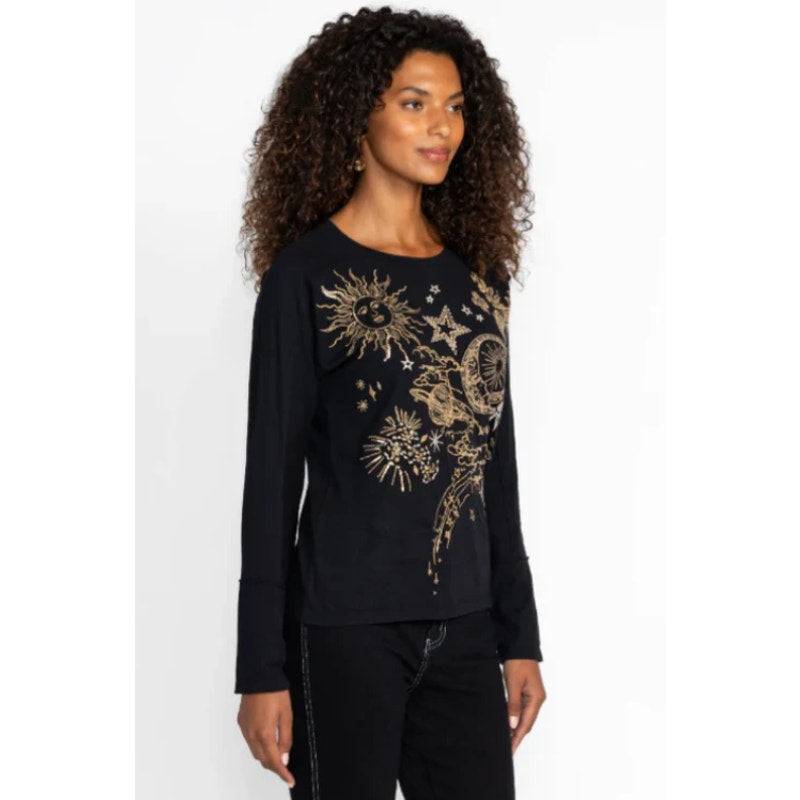 JOHNNY WAS Women's Miaora Printed Tee Top Medium Black Long Sleeve Dolman NWT