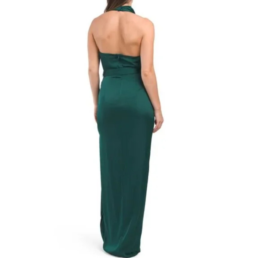 LIV FOSTER Satin Cowl Neckline Column Gown Size 10 Green Tie Waist NWT