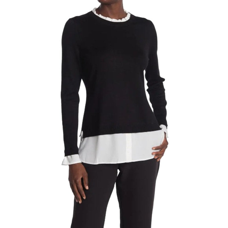 ADRIANNA PAPELL Women's Ruffle Neck Twofer Sweater Small Black Long Sleeve NWOT